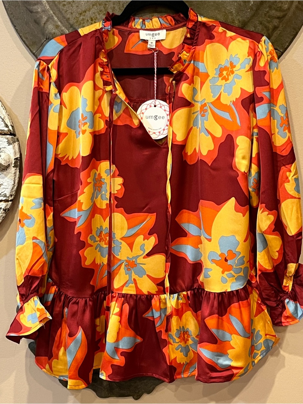 Umgee Burgundy Floral Ruffle-Hem Blouse with Yellow & Light Blue Blooms